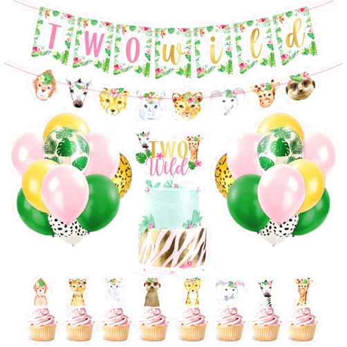 Bessmoso Two Wild Birthday Decorations 54 pcs Jungle Safari Themed 2nd Birthday Jungle Wild Animals Banner Balloons Cake Topper Cupcake Toppers for Girls Pink Wild Safari Themed Party Decoration