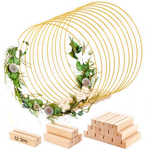 ZOOFOX 12 Pack Metal Floral Hoop Centerpiece with Stand, 12 Inch Large Metal Hoop for Crafts, Wreath Macrame Gold Hoop Rings for DIY Wedding Decor Dream Catcher