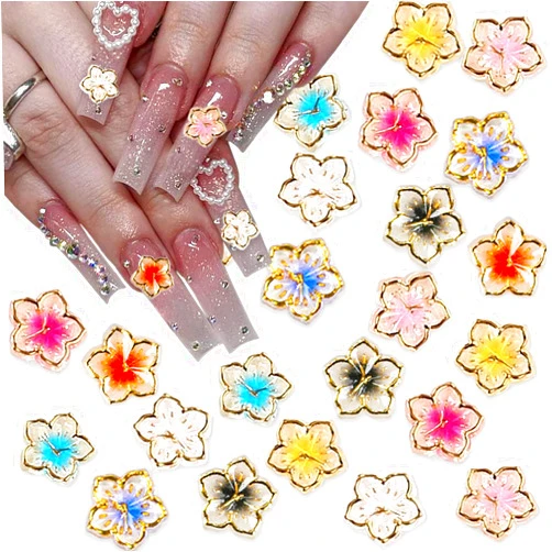 KRTBKR 40Pcs Flower Nail Charms 3D Flower Nail Decals Nail Charms Gold Edge Flower Resin for Nails Mixed Colorful Flower Petals Charms Spring Nail Charm Nail Art Supplies for Women Girls Manicure Decorations