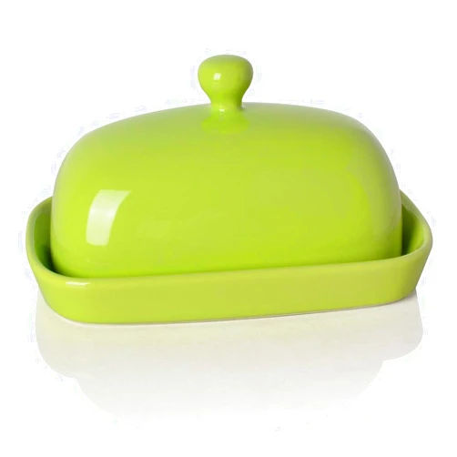 Sweejar Ceramic Butter Dish with Lid for Countertop,Porcelain Butter Keeper with Knob Handle,Butter Container for East/West Coast Butter, 7.1*3.7 inches (Green)