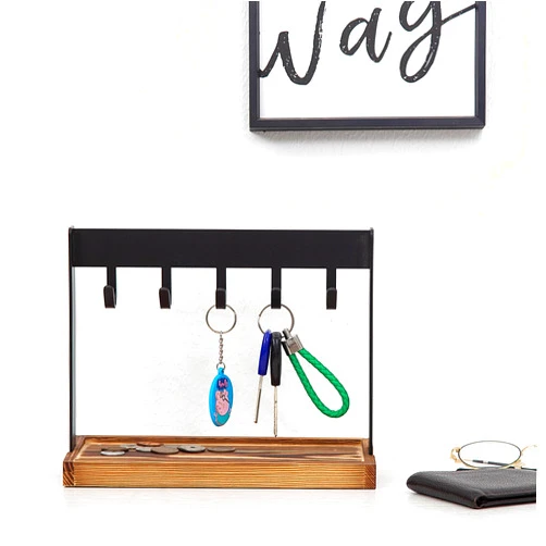 ExoLiry Metal 5-Hook Table Key Holder Torched Wood Base Rustic Industrial Tabletop Countertop Organizer Matte Rack Hanging Hooks Burnt Wooden Bottom Slot Rings Coins Accessories Jewelry Daily Supplies
