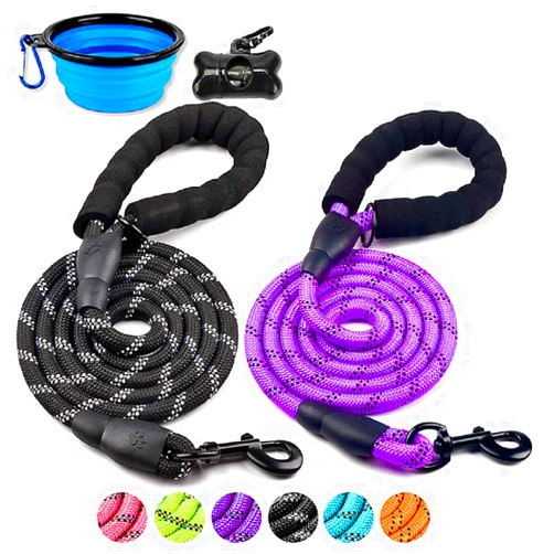 DOYOO 2 Pack Dog Leash 6 FT Thick Durable Nylon Rope - Comfortable Padded Handle Reflective Rope Dog Leash for Medium Large Dogs with Collapsible Pet Bowl and Garbage Bags (6FT- Black + Purple)
