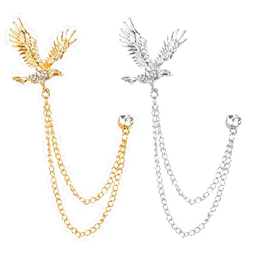 Huture 2 Packs Men's Eagle Brooch Lapel Pin Badge Hanging Chains Collar Brooches Pin for Career Suit Tuxedo of Shirts Tie Hat Scarf for Boyfriend Father Birthday Gold/Silver