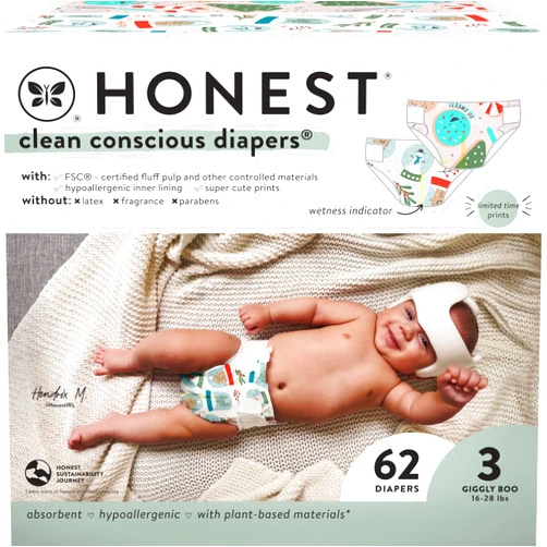 The Honest Company Clean Conscious Diapers | Plant-Based, Sustainable | Winter '24 Limited Edition Prints | Club Box, Size 3 (16-28 lbs), 62 Count