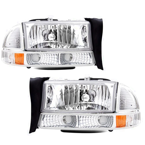 Bingbingmotor Headlight Assembly Replacement for 1997-2004 Dodge Dakota / 1998-2003 Dodge Durango Driver and Passenger Side Chrome Housing Amber Reflector