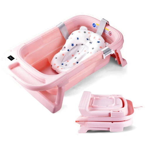 Wwuiuiww Foldable Baby Bath Tub for Toddlers and Babies, Portable Baby Bathtub with Drainage Hole and Carry Handle (Pink)