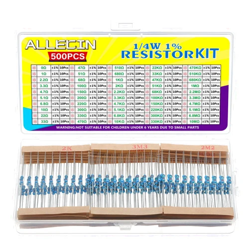ALLECIN 50 Values 1/4W 0 Ohm-10M Ohm ±1% Tolerance Metal Film Resistor Assorted 1/4 Watt Common Fixed Resistors Assortment Kit