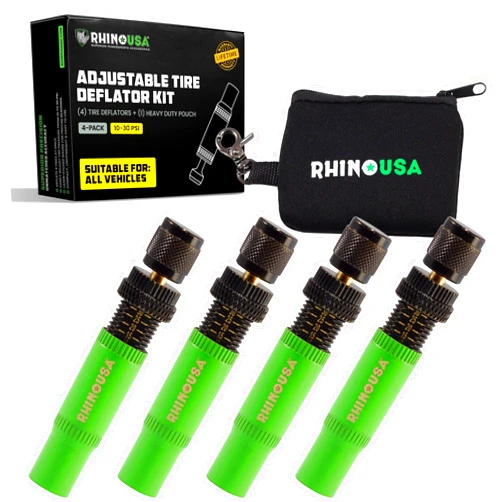 Rhino USA Adjustable Tire Deflator Kit (10-30 PSI) Ultimate Screw-on Automatic Tire Deflators for Offroad - Quick & Easy Air Down System for The Trails - Best Jeep Off Road Accessories (4-Pack)
