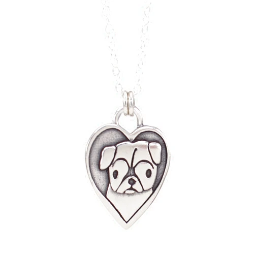 Mark Poulin Sterling Silver Pug Charm - .925 Pug Necklace - Cute Sterling Silver Dog Charm on 16