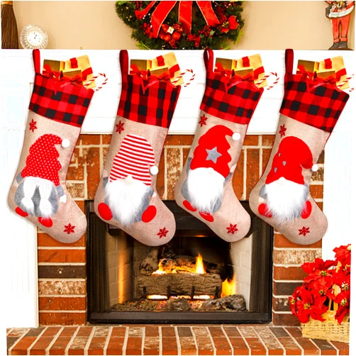 Leipple Christmas Stockings 4 Piece Set, Unique 3D Gnomes Xmas Stockings Santa Claus Fireplace Hanging Stockings for Christmas Decorations Family Holiday Ornaments