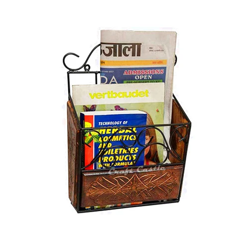 CRAFTCASTLE Craft Castle Wood & Wrought Iron Modern Elegance Magazine Newspaper & Book Wall Rack || Wall Magazine Holders for Home & Office || Black & Natural Finish || 27 x 10 x 38 cm