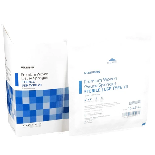 McKesson Premium Woven Gauze Sponges, Sterile, 12-Ply, USP Type VII, 100% Cotton, 4 in x 4 in, 2 per Pack, 25 Packs, 50 Total