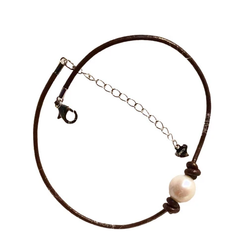 JL JewelryNovelties Leather and Pearl Anklet, Adjustable Sterling Silver Chain and Pearl Anklet (#25 Brown, 6