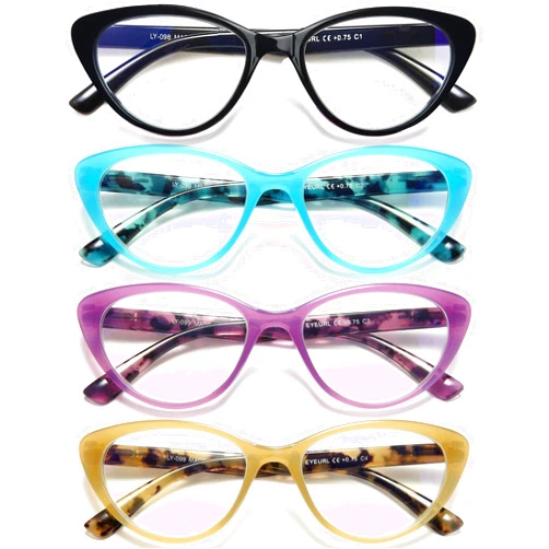 EYEURL Cat Eye Reading Glasses for Women Blue Light Blocking Readers Pack of 4, Computer Glasses with Pattern Design, 1.00 Magnification, Durable Plastic Frame with Spring Hinges, Anti UV Rays