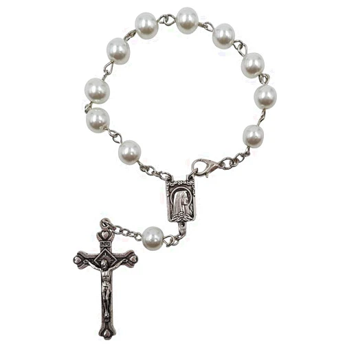 DERMAEX Treasure4U-Store One Decade Auto Rosary for Rearview Mirror White Pearl Glass Beads Catholic Bracelet Our Lady of Lourdes Centerpiece Religious Gift Car Truck Travel Protection