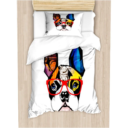 Lunarable Art Duvet Cover Set, French Bulldog Portrait with Hipster Glasses Abstract Modern Colorful Ears and Eyes, Decorative 2 Piece Bedding Set with 1 Pillow Sham, Twin Size, Yellow Ruby