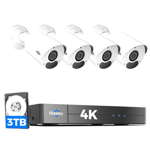 Hiseeu [4K HD+3TB HDD] Hiseeu 4K Security Camera System, PoE Security Camera System w/4pcs IP PoE Cameras, 121° Wide View, IP67 Waterproof, Free Remote Access, WDR, Human Detect, 7/24 Record