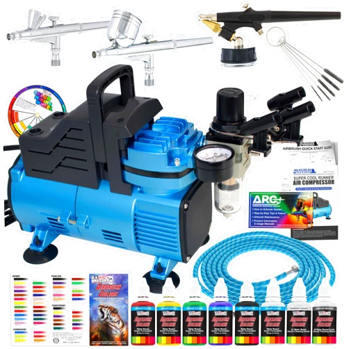 Master Airbrush Cool Runner Dual Fan Air Compressor Professional Airbrushing System Kit with 3 Airbrushes, Gravity & Siphon Feed - 6 Primary Opaque Colors Acrylic Paint Artist Set, Hose & Holder