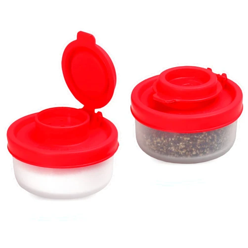 SIGNORA WARE SIGNORAWARE Salt and Pepper Shakers Moisture Proof Set of 2 Small Mini Salt Shaker to go Camping Picnic Outdoors Kitchen Lunch Boxes Travel Spice Set Clear with Red Covers Plastic Airtight Dispenser
