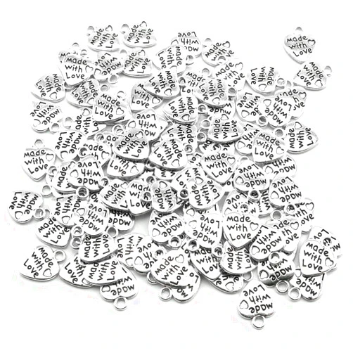 heyous 100pcs Heart Shape Charms Handmade Metal Labels Printed Made With Love Tag Labels Carving DIY Craft Necklace Bracelets Keychain Jewelry Making Findings Accessories Ancient Silver