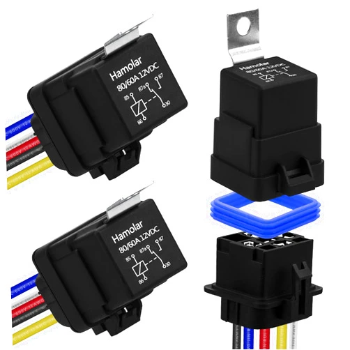 Hamolar 3 Pack 80/60 AMP 12V DC Waterproof Car Relay and Harness - Heavy Duty 12 AWG Copper Wires, 5-PIN SPDT Bosch Style Automotive Relays Kit