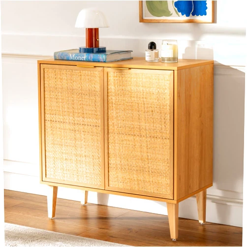 EYYTHUNG Accent Storage Cabinet Sideboard with Rattan Doors, Boho Buffet Kitchen Bar Cabinet Farmhouse Credenza Cabinet with Adjustable Shelves for Living Room, Natural Oak