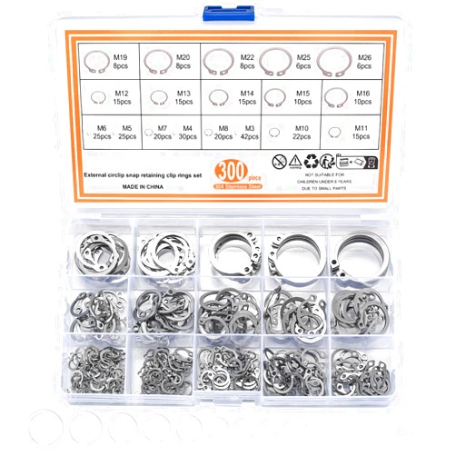 Ywchoshe 300 Pcs Retaining Ring Set, Internal Snap Rings Kits, Stainless Steel External Circlip Snap Retaining Clip Rings, 18 Sizes Circlip Retaining Snap Rings Assortment Kit for Grooved Shafts, Pins, Studs