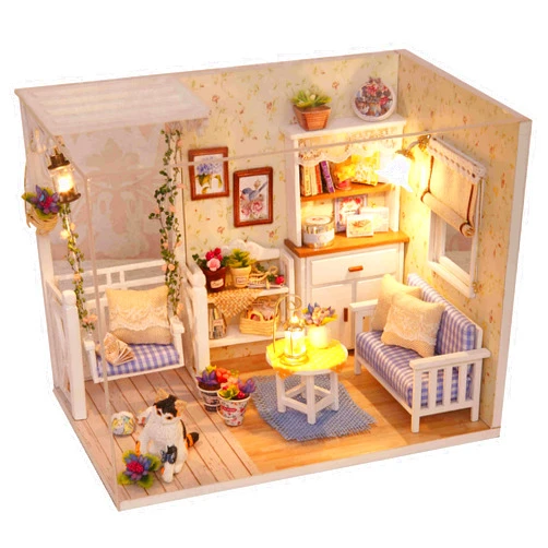 Ogrmar Wooden Dollhouse Miniatures DIY House Kit with Cover and Led Light-Cat Diary