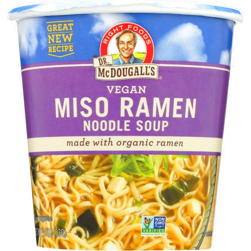 Dr. McDougall's Right Foods Vegan Miso Ramen, 1.9 Ounce Cups (Pack of 6) Non-GMO, No Added Oil, Made w/ Organic Steamed Noodles, Paper Cups From Certified Sustainably-Managed Forests