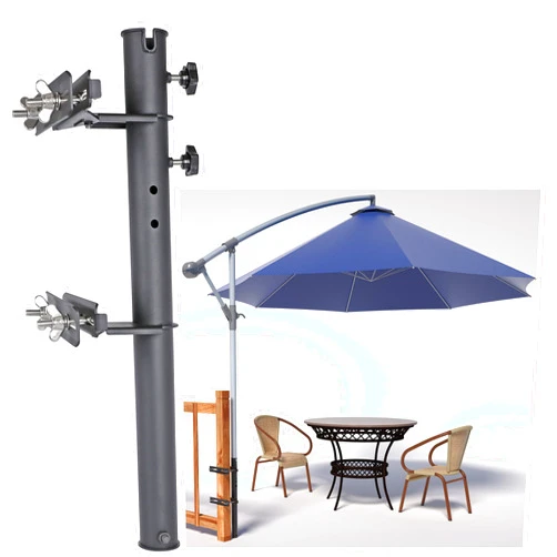 Deck Man Patio Table/Offset Umbrella Railing Holder, Stainless Steel Outdoor Umbrella Mount/Bracket for Deck Railing, Adjustable Base Width (Tube ID: 2.05