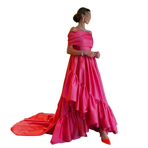 CLcaojun Women's Satin A Line Evening Dress with Ruffles Elegant Off Shoulder Trailing Prom Dress