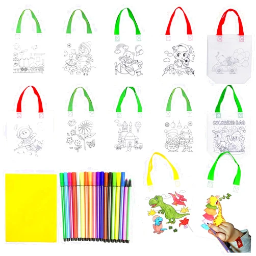Manwetye 65 Pack Graffiti Goodie Bags for Kids Birthday Party Favors Art Class, Color Your Own Tote Bag,Eco Reusable Coloring Carnival Animal Art Party Goodie Bags(40 Bags +24 Color pens +1 pad) (A)