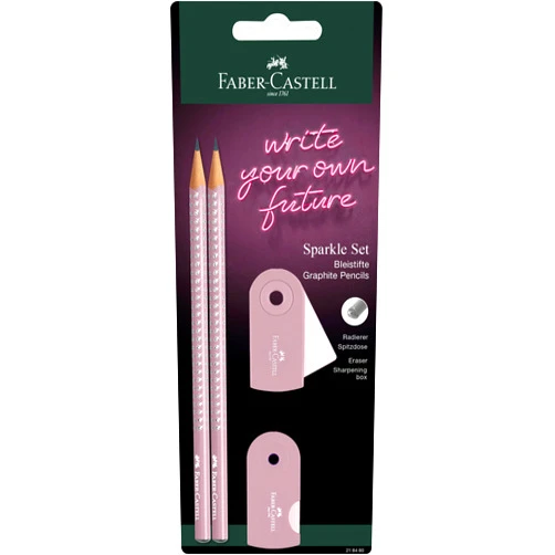 Faber-Castell Sparkle 218480 Pencil Set Two Pencils Lead B with Eraser and Sharpener Rose/Apple Grey