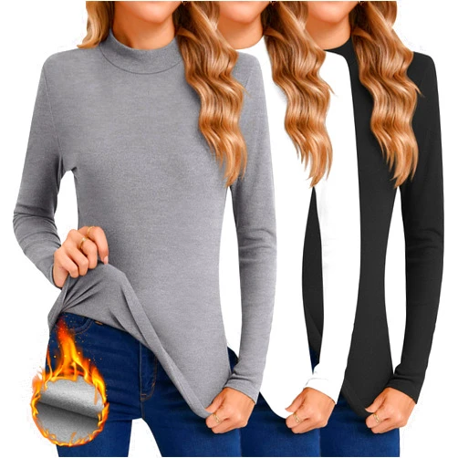 Ficerd 3 Pack Women's Mock Turtleneck Shirts, Fleece Lined Thermal Underwear Tops Long Sleeve Tight Base Layer Undershirts