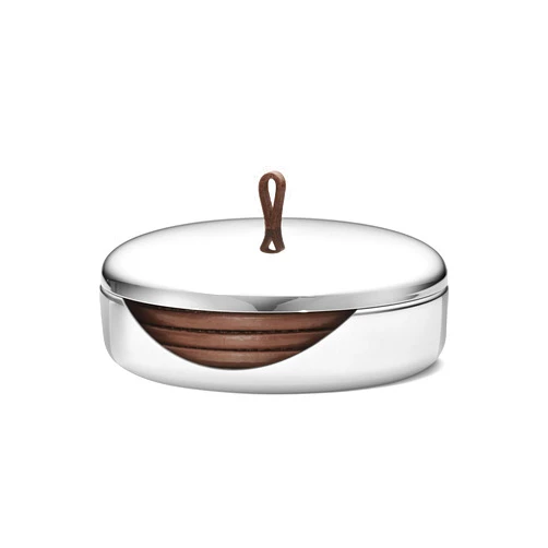 Georg Jensen SKY Collection Coaster Set, Set of 4 Leather Coasters in Stainless Steel Case