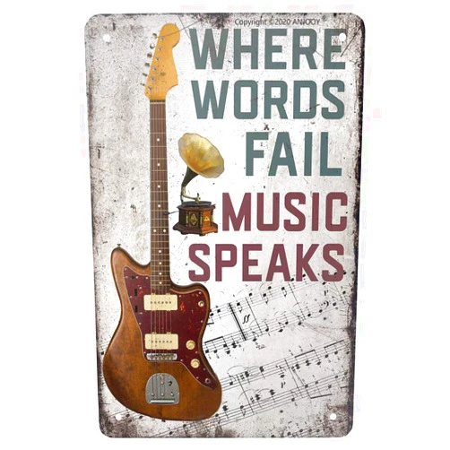 VNCgov ANJOOY Vintage Metal Guitar Tin Sign - Where Words Fail Music Speaks -Musical Cafe Wall Kitchen Bathroo Poster Karaoke Retro Decor Art 8x12 inch