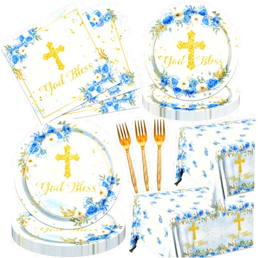 GREHUMOR Baptism Plates and Napkins God Bless First Holy Communion Theme Tableware Boy Party Decorations Celebration Disposable Plates,Tablecloth,Napkins and Forks for Religious Baby Shower Supplies