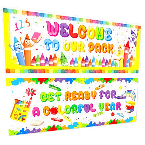 Harloon 2 Pcs Crayon Welcome Banners 13.8x38.6 Inch Welcome to Our Pack Banner Colorful Crayons Paper Banner School Party Decor for First Day of School Classroom Party Celebration Decoration