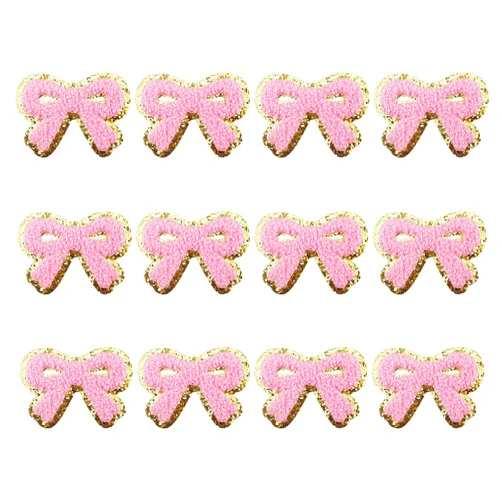 SaktopDeco 12 PCS Pink Bow Patch Gold Edges Bow Iron On Patch Cute Bow Applique Chenille Embroidery Patches for DIY Hats Bags Clothes