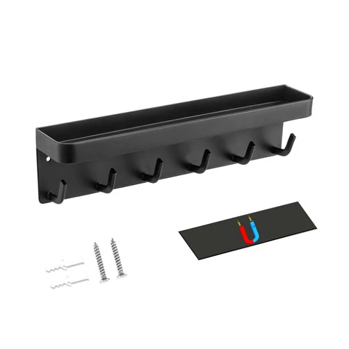 Generic Magnetic Key Hooks with Mail Organizer Wall Mount Key Holder with 6 Hooks Key Rack with Tray Sunglasses Holder for Entryway Refrigerator Hallway and Office (Black)