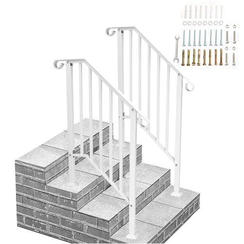ANTSKU 2 Pack 3 Step Handrails for Outdoor Steps, Wrought Iron Stair Railing Fits 2 or 3 Steps, Metal Hand Rail with Installation Kit, Staircase Handrails for Concrete, Porch, Deck, Exterior Steps, White