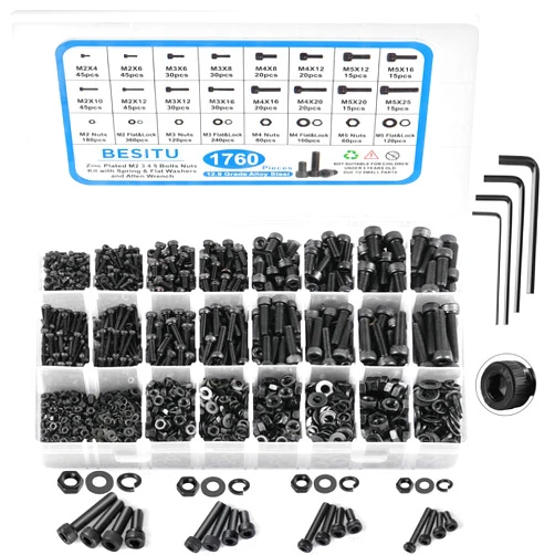 Besitu 1760pcs M2 M3 M4 M5 Metric Screw Assortment, Grade 12.9 Alloy Steel Hex Socket Head Cap Metric Bolts and Nuts Kit, Black Zinc Plated and Anti Rust Metric Screw Set with 4 pcs Hex Wrenches