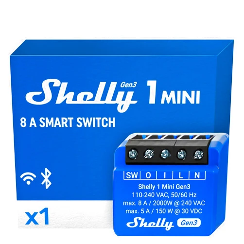 Shelly 1 Mini Gen3 | WiFi & Bluetooth Smart Switch Relay 1 Channel 8A | Home Automation | Compatible with Alexa & Google Home | iOS Android App | No Hub Required | Dry contacts