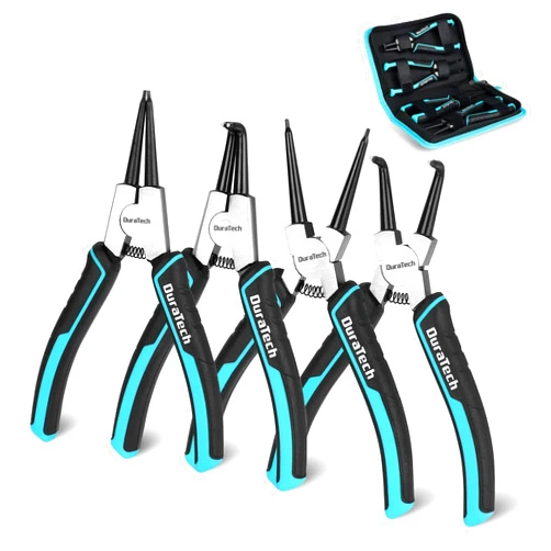DuraTech 4 PCS Snap Ring Pliers Set, 7 Inch Heavy Duty Internal & External Circlip Pliers Kit with Straight/Bent Jaw, Premium CRV Steel, Precision Spring Loaded C Clip Pliers with Storage Pouch