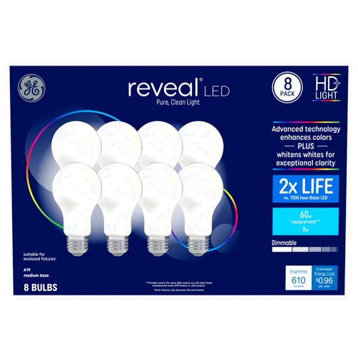 GE Reveal 8-Pack 60 W Equivalent Dimmable Color-Enhancing 2850K Warm White A19 LED Light Fixture Light Bulbs Fixture