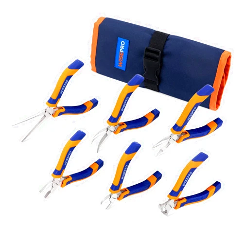 WISEPRO 6 Pcs Mini Pliers Set with Pouch，Including Long/Needle/Curved Nose Pliers，Combination/End Cutting/Diagonal Pliers