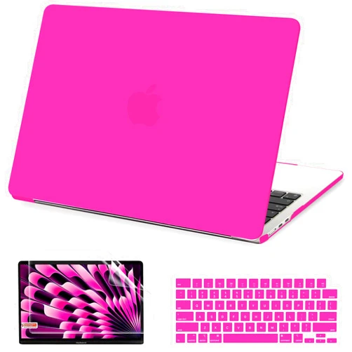 AKIT Compatible with MacBook Air 13 inch Case 2024 2022 M3/M2 A3113 A2681, Slim Hard Matte Case + Screen Protector + Keyboard Cover Case for MacBook Air 13.6 inch 2024, Hot Pink