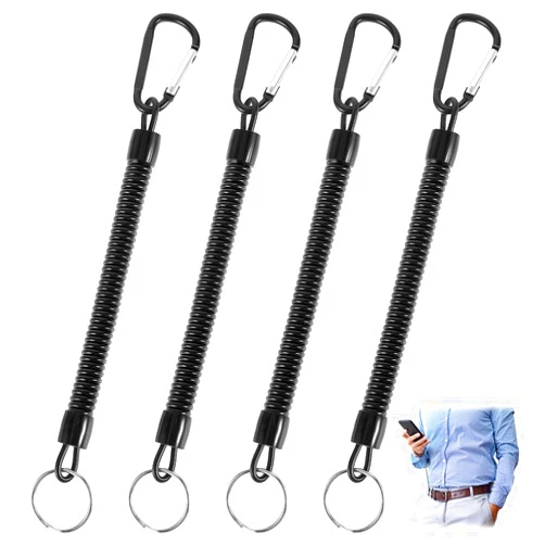 Tyqour 4pcs Fishing Lanyard, Heavy Duty Retractable Coiled Lanyard with Key Ring and Lobster Clasp, Retractable Tool Lanyard, Wrist Coil Keychain for Keys Wallet Cellphone(Black)