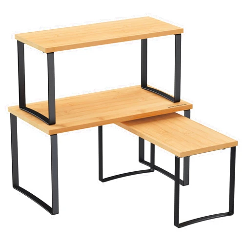 SONGMICS Cabinet Organizer Shelf, Set of 3 Kitchen Counter Shelves, Kitchen Storage, Spice Rack, Stackable, Expandable, Metal and Bamboo, Ink Black and Natural Beige UKCS014B01