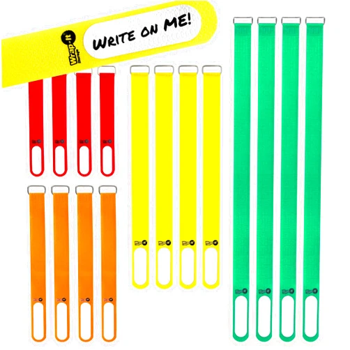 Wrap-It Storage Cinch-Straps (Assorted 16 Pack) Hook and Loop Straps with Metal Buckles and Write on Labels for Easy Cord Identification, Waterproof, Reusable, Multi-Purpose, Adjustable